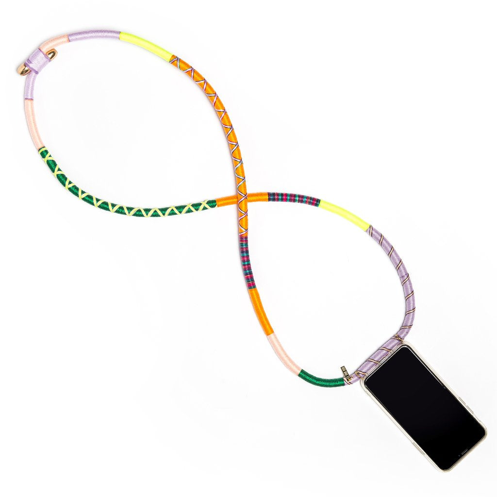 Cover with multicolour shoulder strap. PENNY PHONE CASE STRAP IPHONE 11 MULTICOLOR LE POM POM