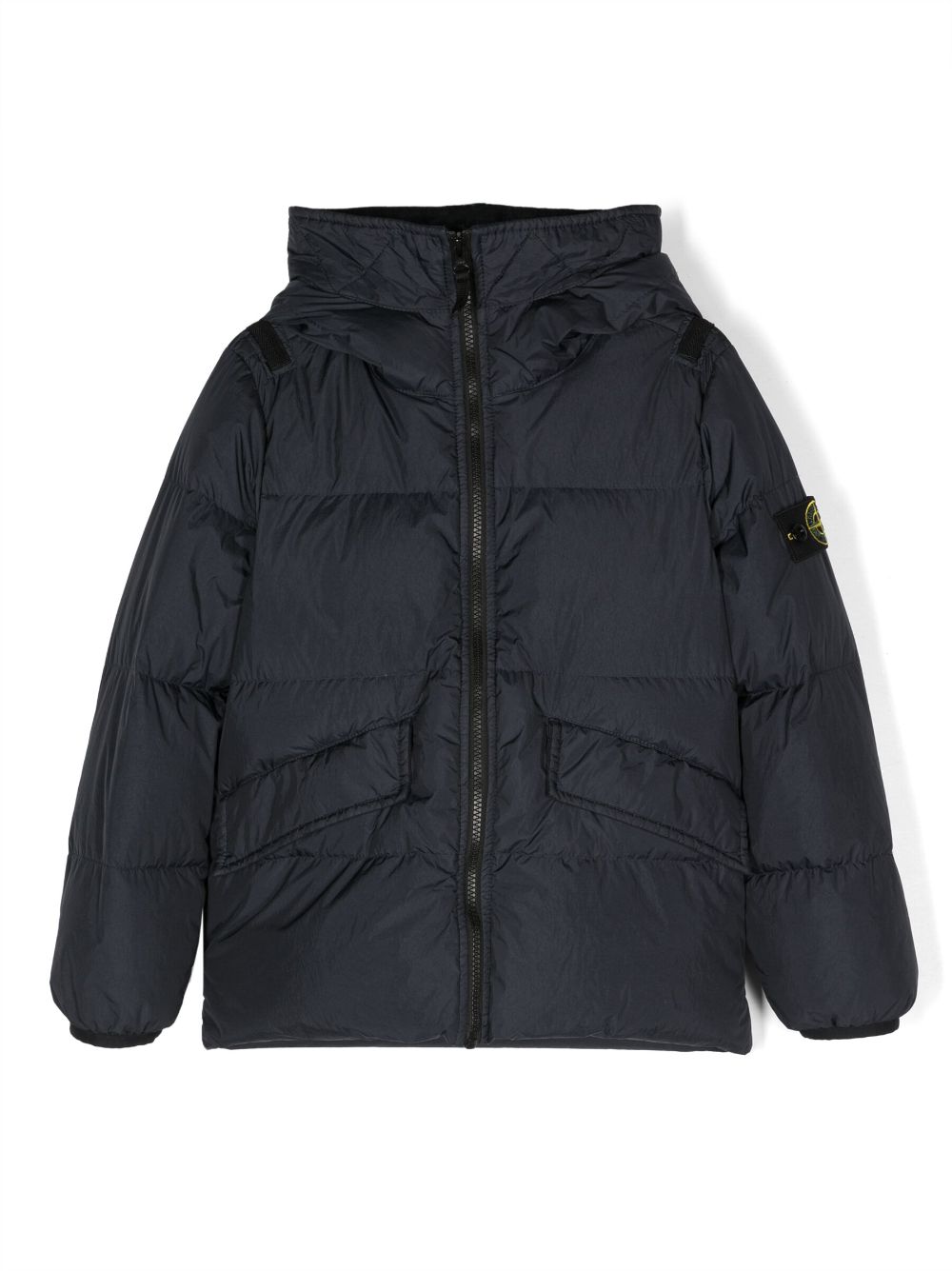 Blue Compass-badge hooded puffer jacket