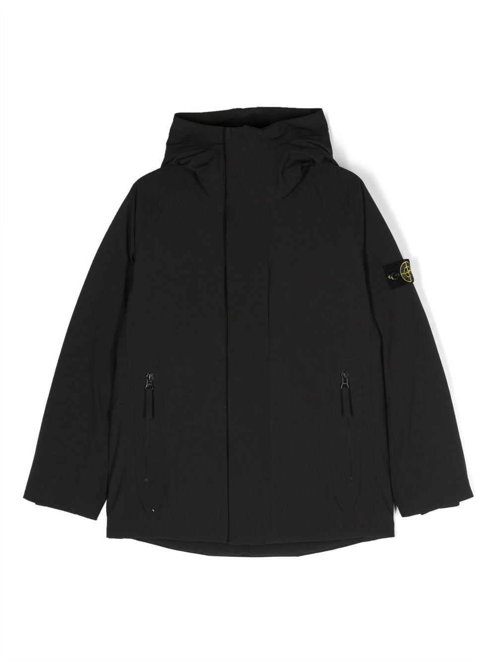 Black Compass-motif hooded coat