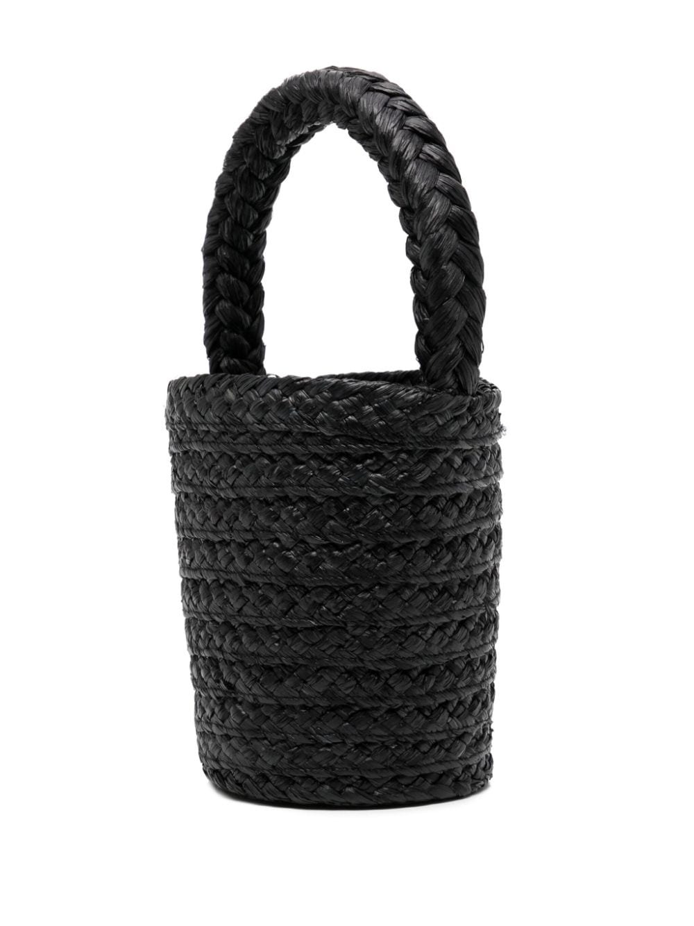 Black Plaque-detail raffia bucket bag<BR/><BR/><BR/>