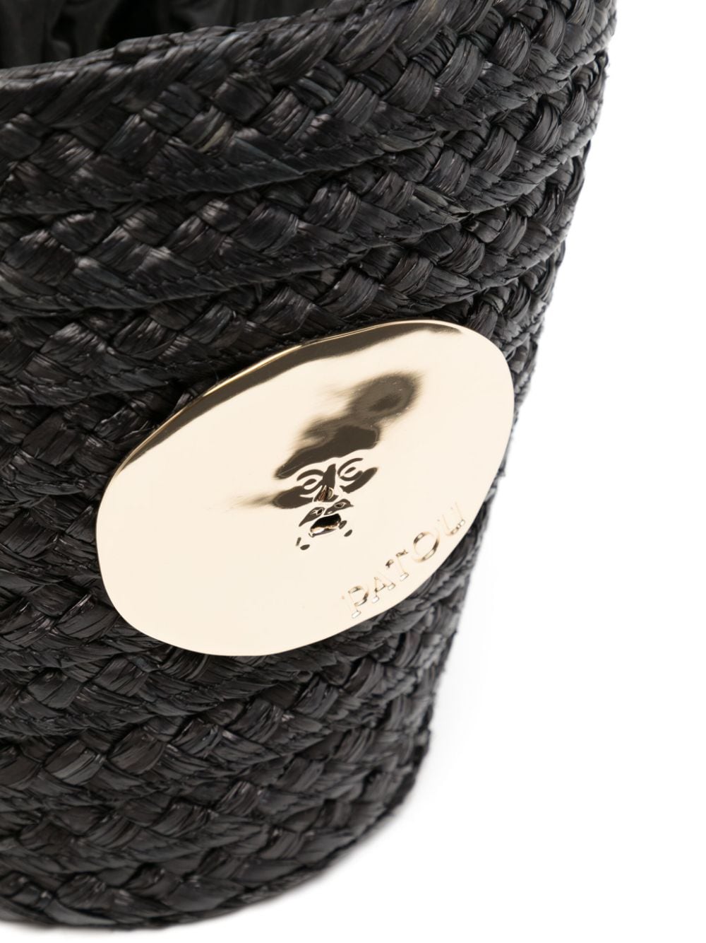 Black Plaque-detail raffia bucket bag<BR/><BR/><BR/>