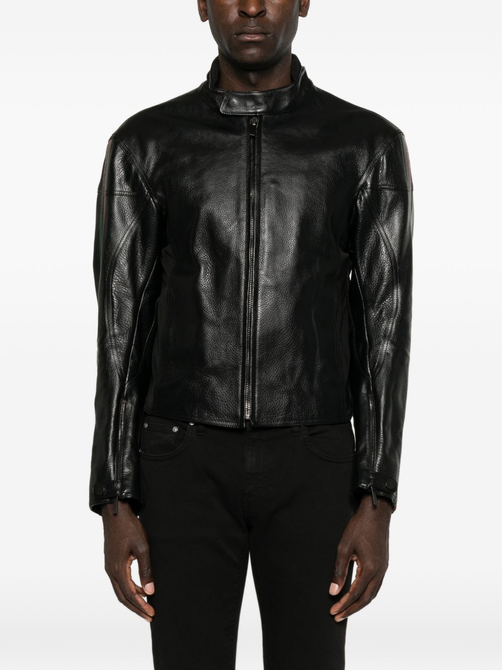 Leather biker jacket with Web 874158 XNBDW1060 GUCCI