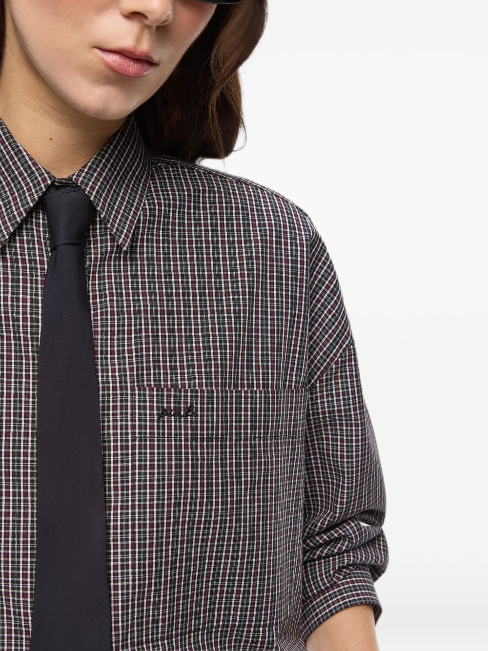 Cropped checked shirt with tie 107453 A3FQZF6 PINKO
