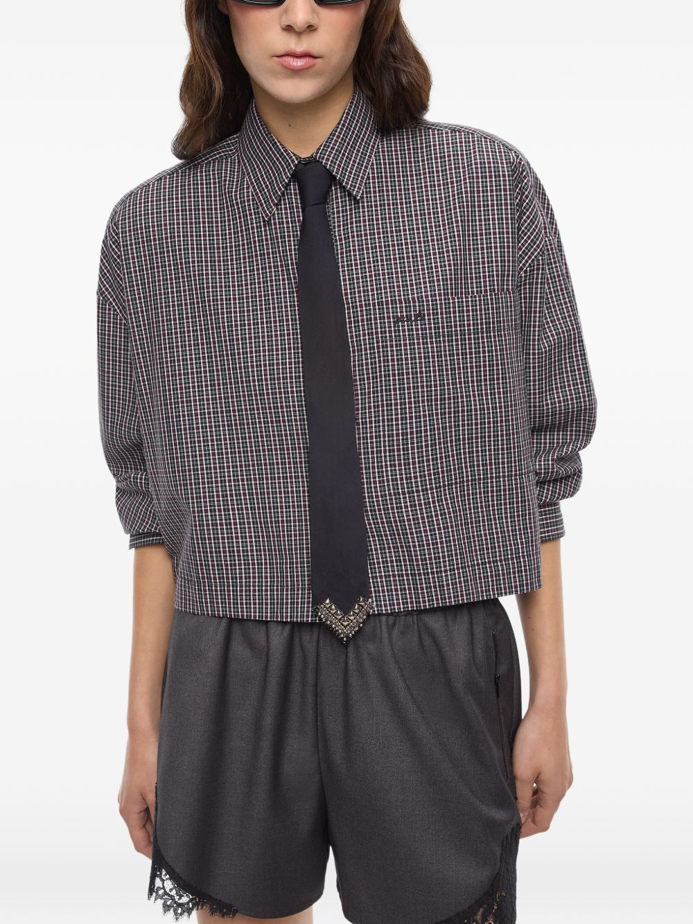 Cropped checked shirt with tie 107453 A3FQZF6 PINKO