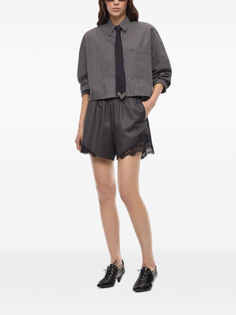 Cropped checked shirt with tie 107453 A3FQZF6 PINKO