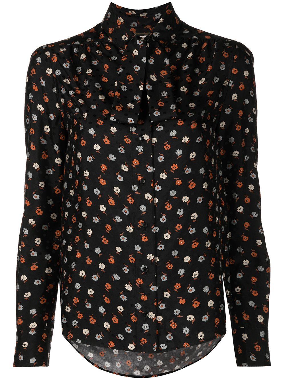Black/orange/white cotton floral-print long-sleeve blouse 660889Y5D17 1084 SAINT LAURENT