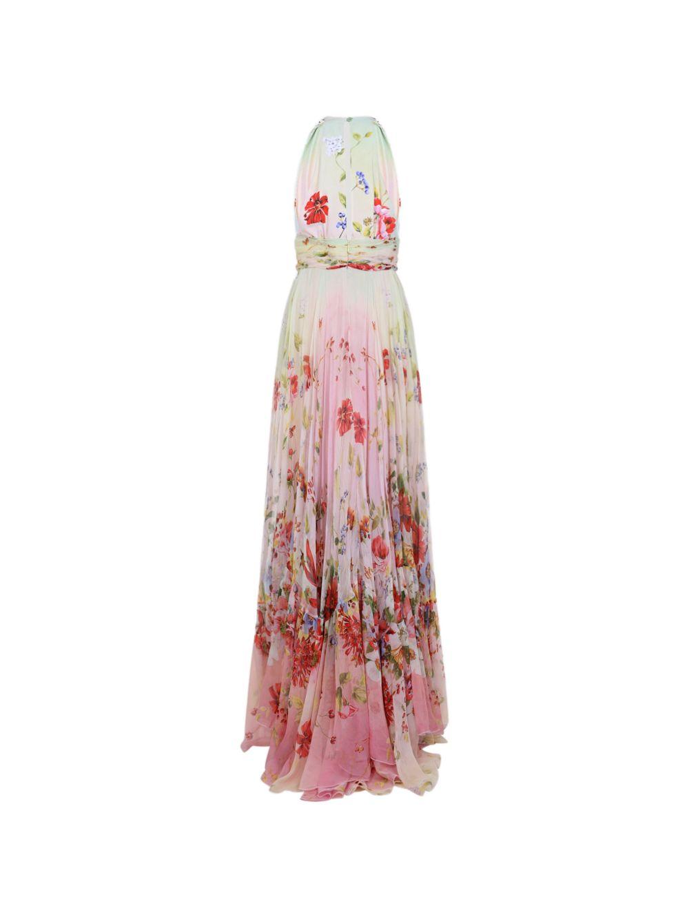 Long Chiffon Dress with Miami Flowers Print WQT175 CKR3209000 ROBERTO CAVALLI