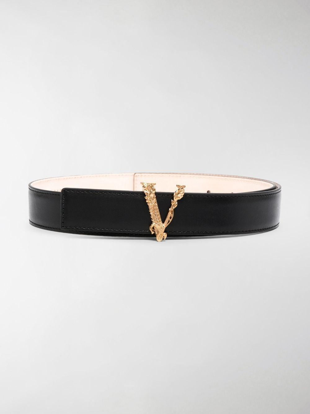 Black leather Virtus buckle leather belt DCDH224 DV3TKVO41 VERSACE