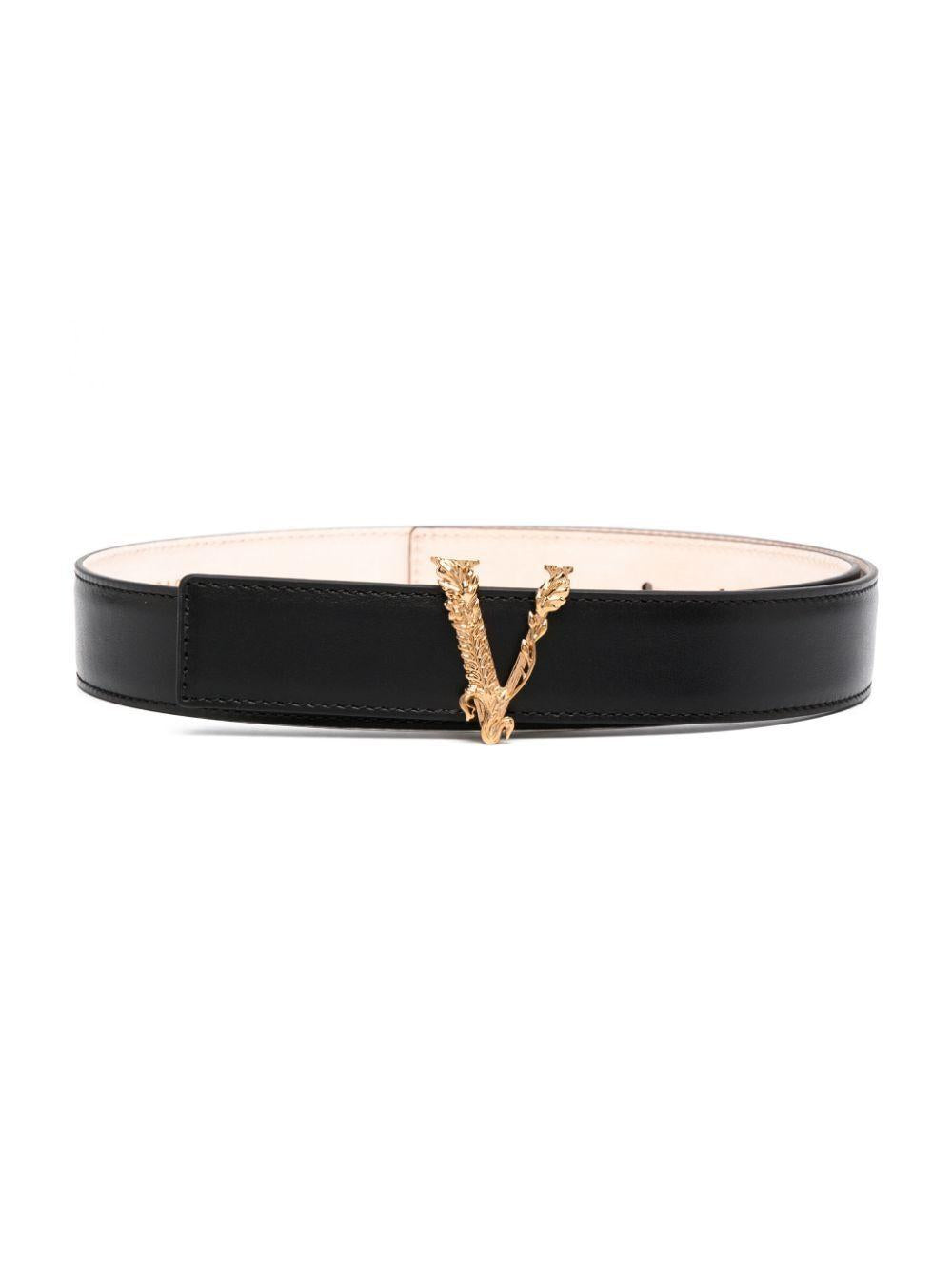 Black leather Virtus buckle leather belt DCDH224 DV3TKVO41 VERSACE