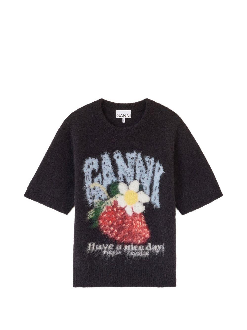Strawberry print t-shirt with Have a nice day! slogan A1050226 099 GANNI