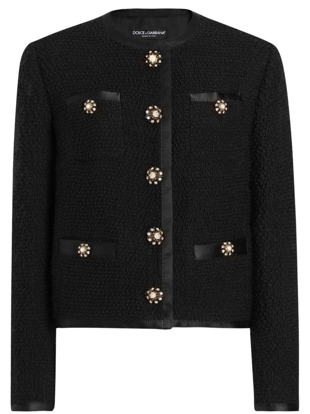 Cropped single-breasted bouclé tweed jacket with bejeweled buttons F27DAZ FU3JLN0000 DOLCE & GABBANA