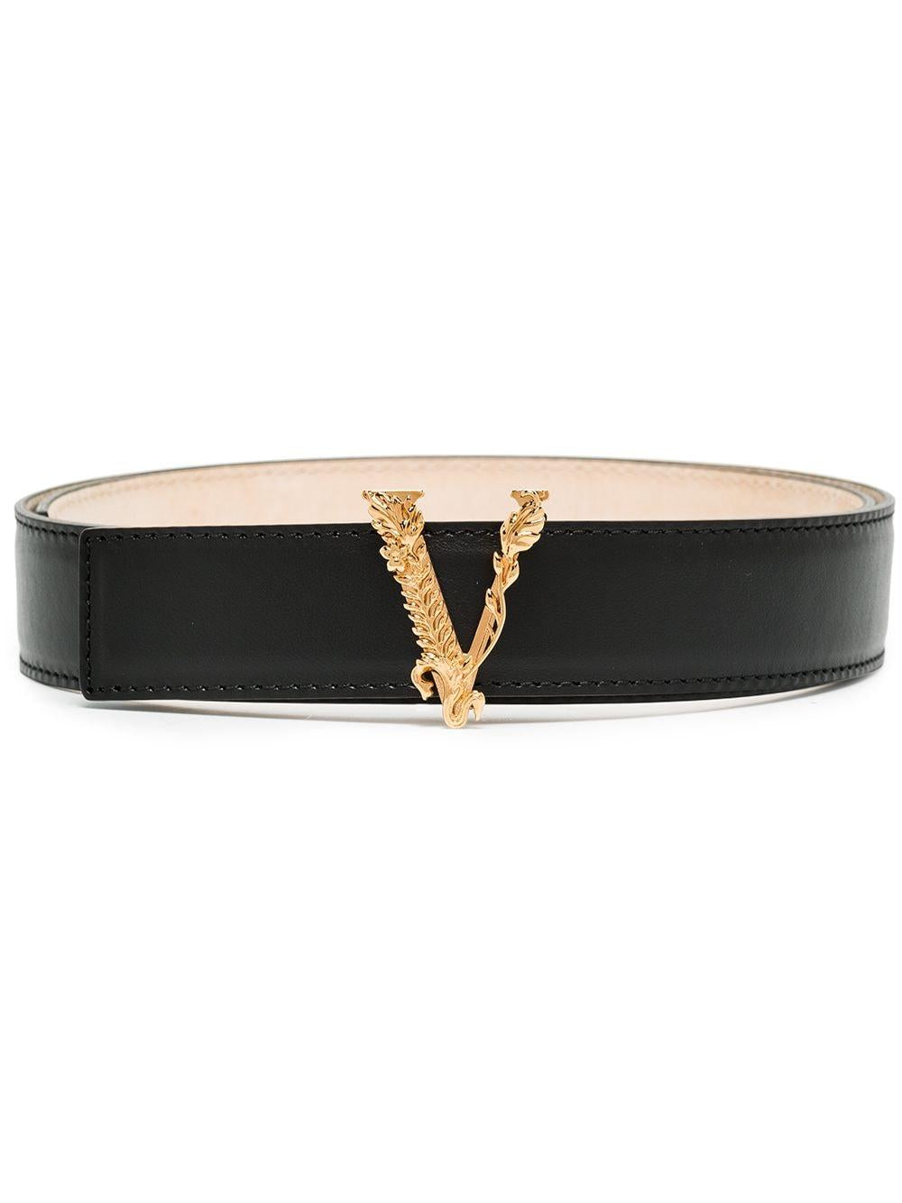 Black leather Virtus buckle leather belt DCDH224 DV3TKVO41 VERSACE