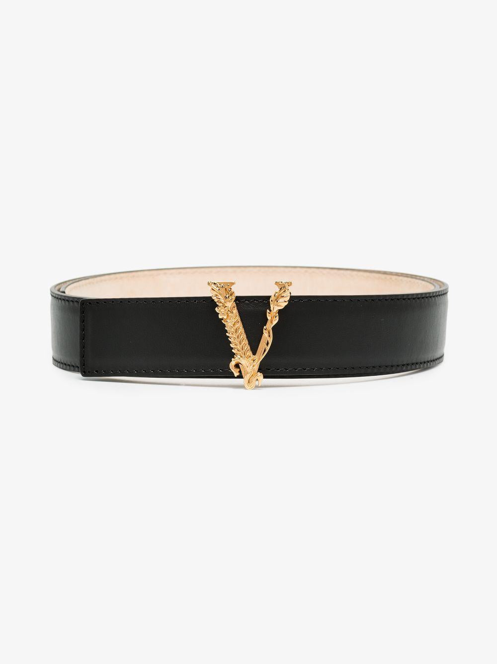 Black leather Virtus buckle leather belt DCDH224 DV3TKVO41 VERSACE