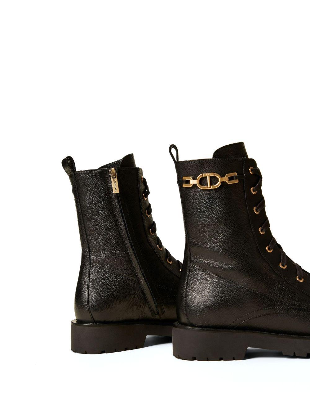 Leather combat boots with chain and Oval T 252TCP150 00006 TWINSET