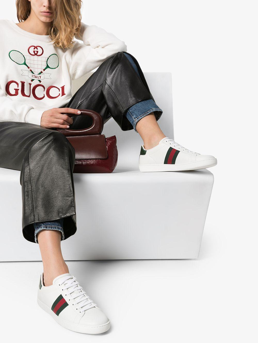 Sneakers 'Ace' in pelle bianca e dettagli verdi 387993 A38309071 GUCCI
