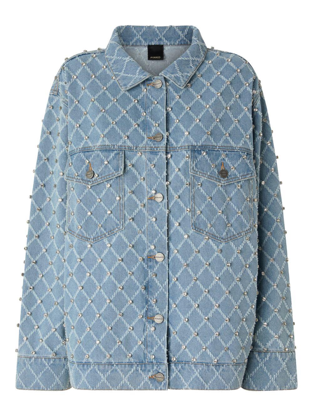 Denim jacket with diamond pattern and rhinestones 106246 A32NPJE PINKO
