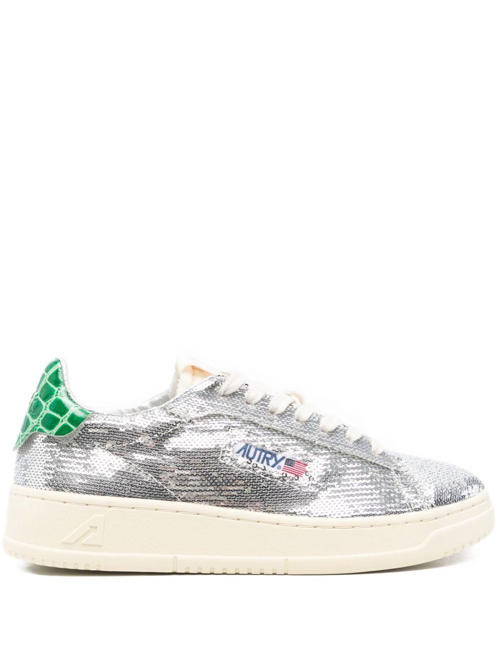 Autry Bloom collection<BR/>DALLAS LOW 'SPARKLING' SNEAKERS IN SILVER AND GREEN SEQUINS ADLW TI01PAILLET/CROSILVER/GRN AUTRY
