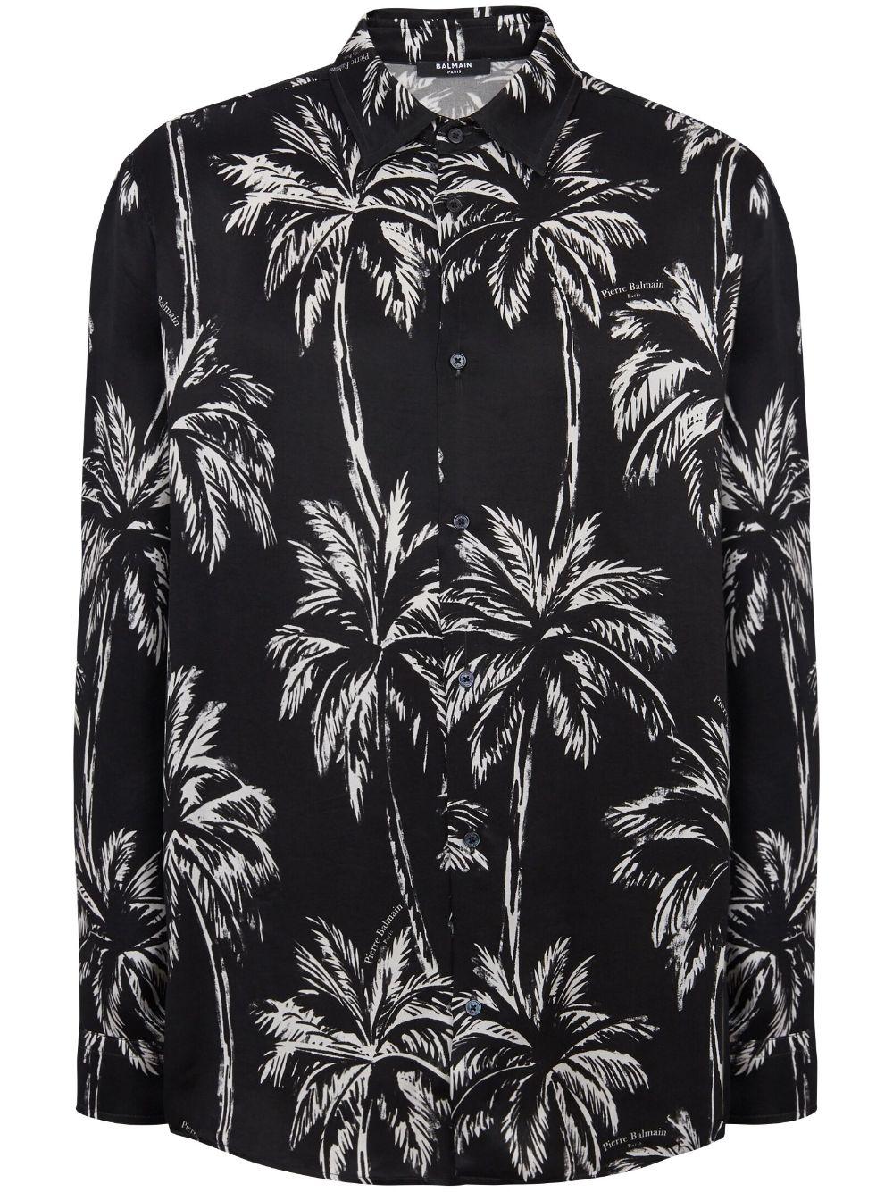 Palm tree-print satin shirt<BR/><BR/><BR/> DH1HS184VF43 EAB BALMAIN