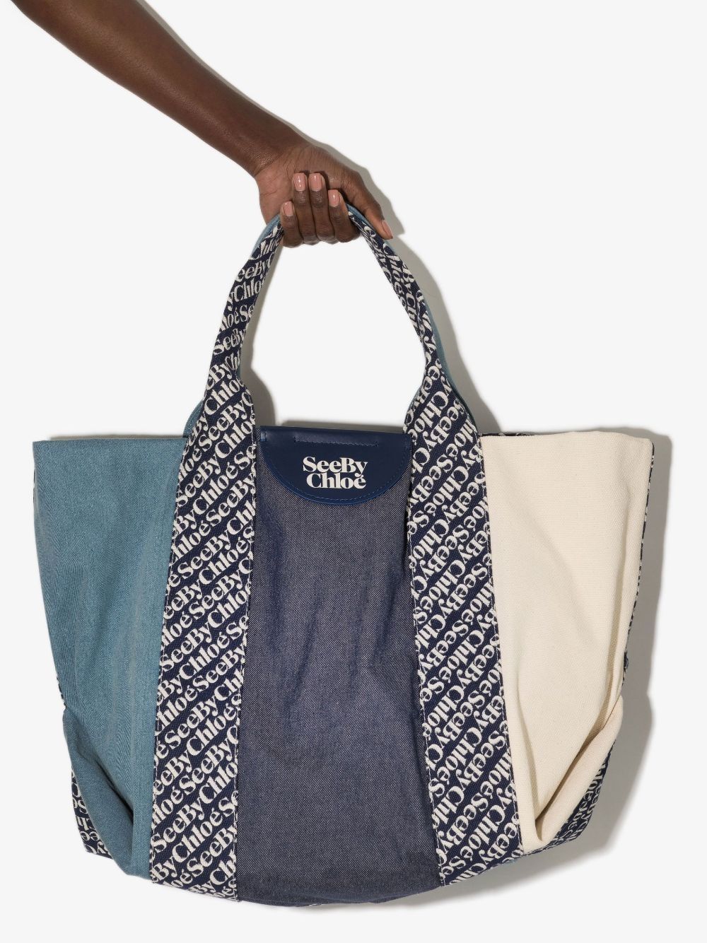 Borsa tote in cotone con stampa logo azzurro/blu navy
