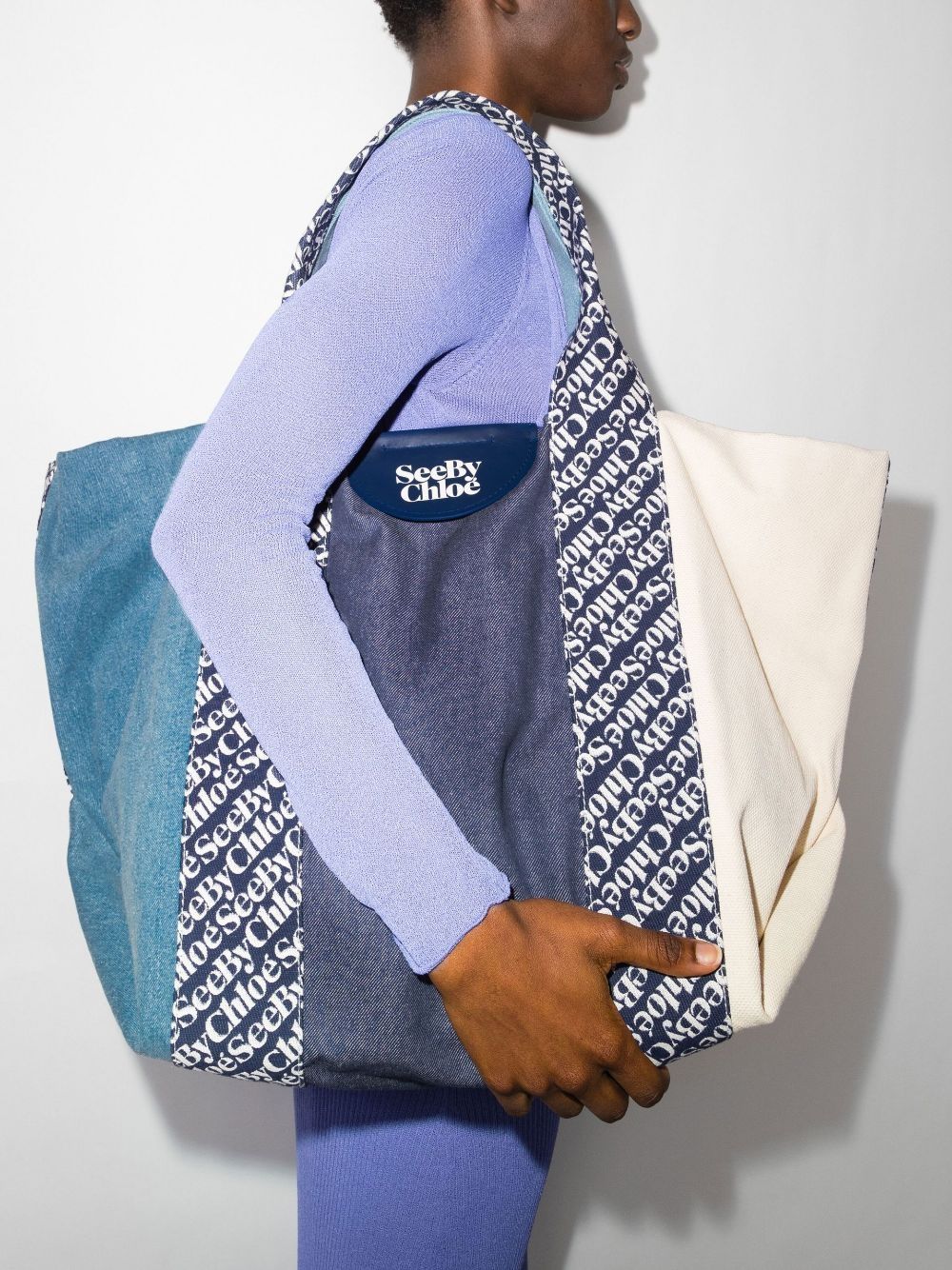 Borsa tote in cotone con stampa logo azzurro/blu navy