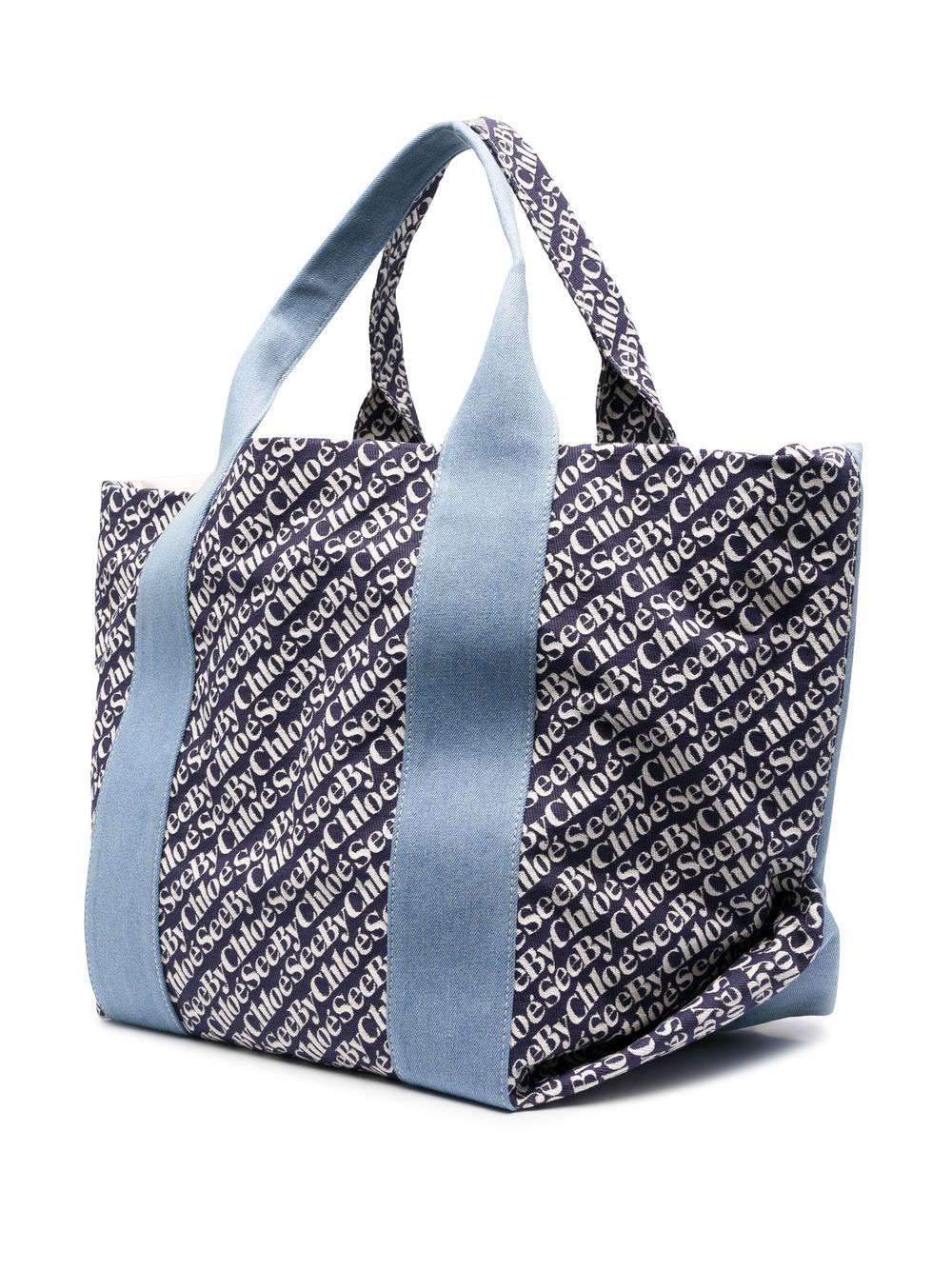 Borsa tote in cotone con stampa logo azzurro/blu navy
