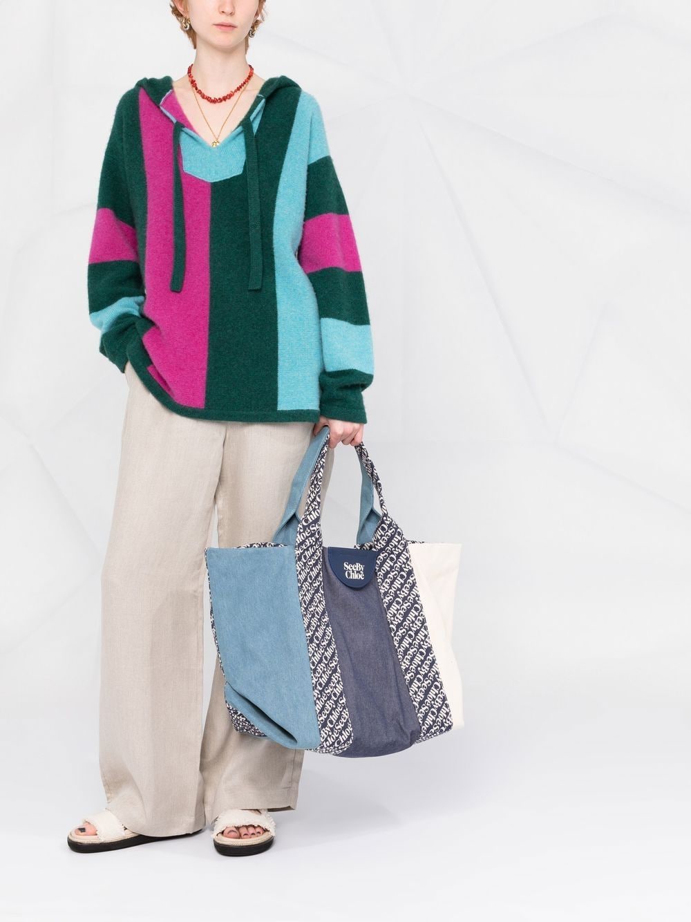 Borsa tote in cotone con stampa logo azzurro/blu navy