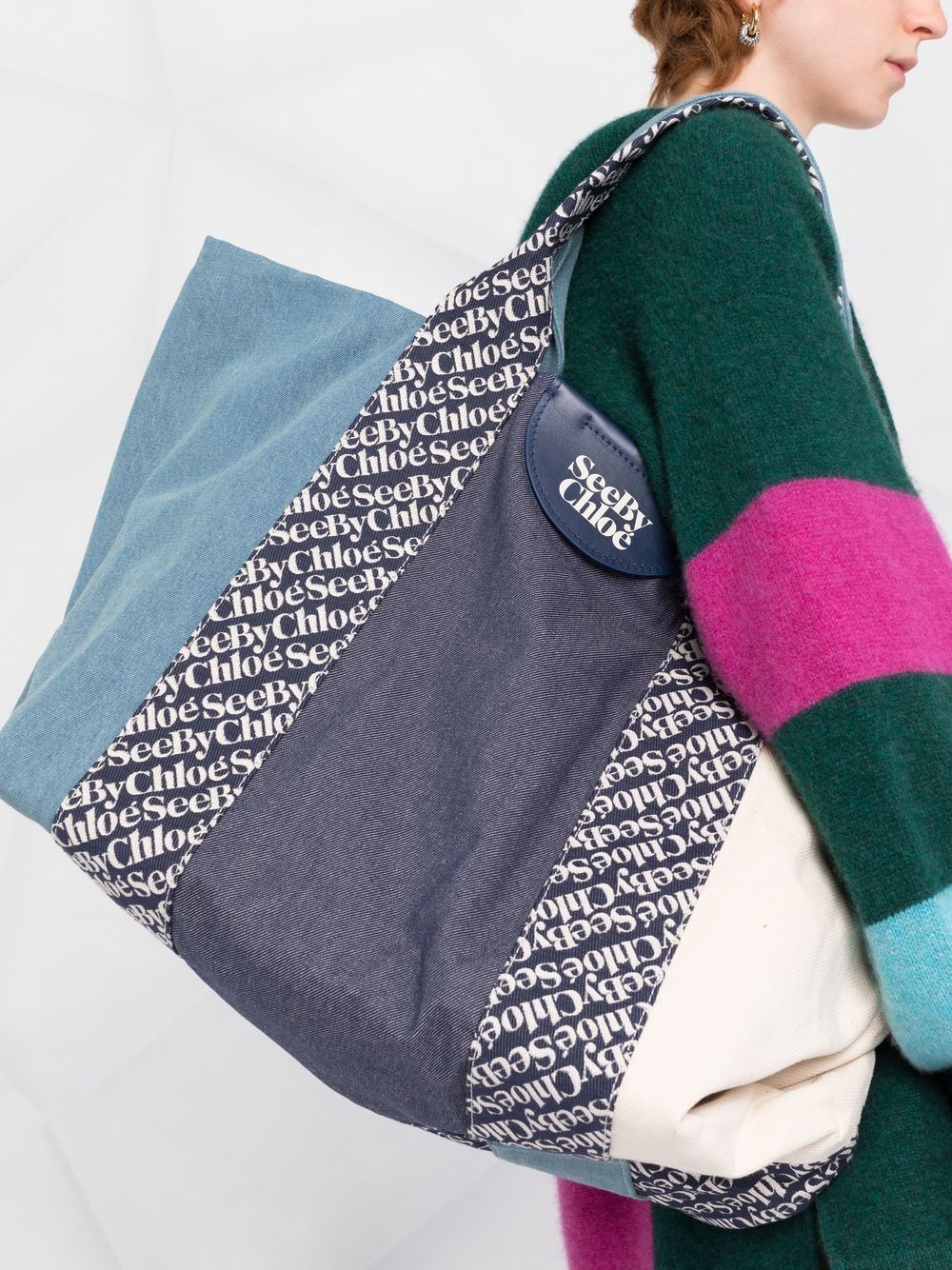 Borsa tote in cotone con stampa logo azzurro/blu navy