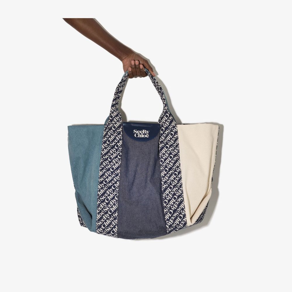 Borsa tote in cotone con stampa logo azzurro/blu navy