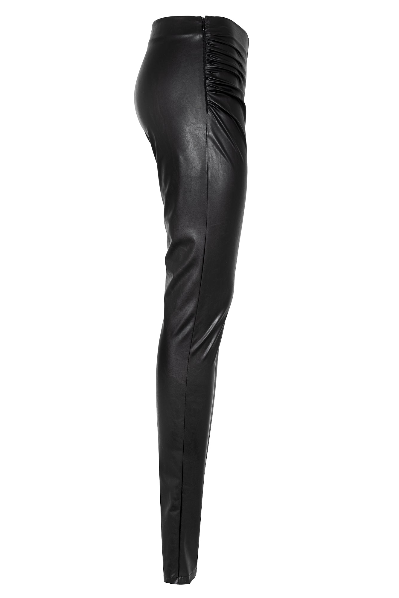 Faux leather skinny trousers gathered at the hips