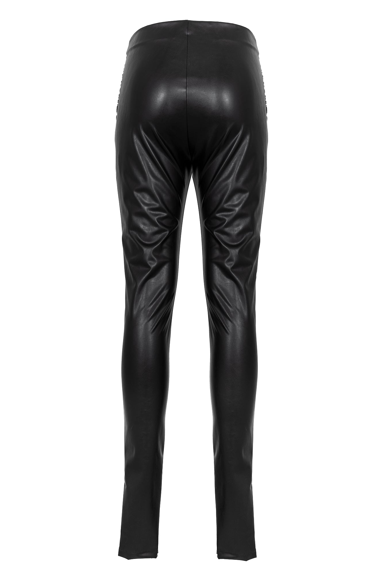 Faux leather skinny trousers gathered at the hips