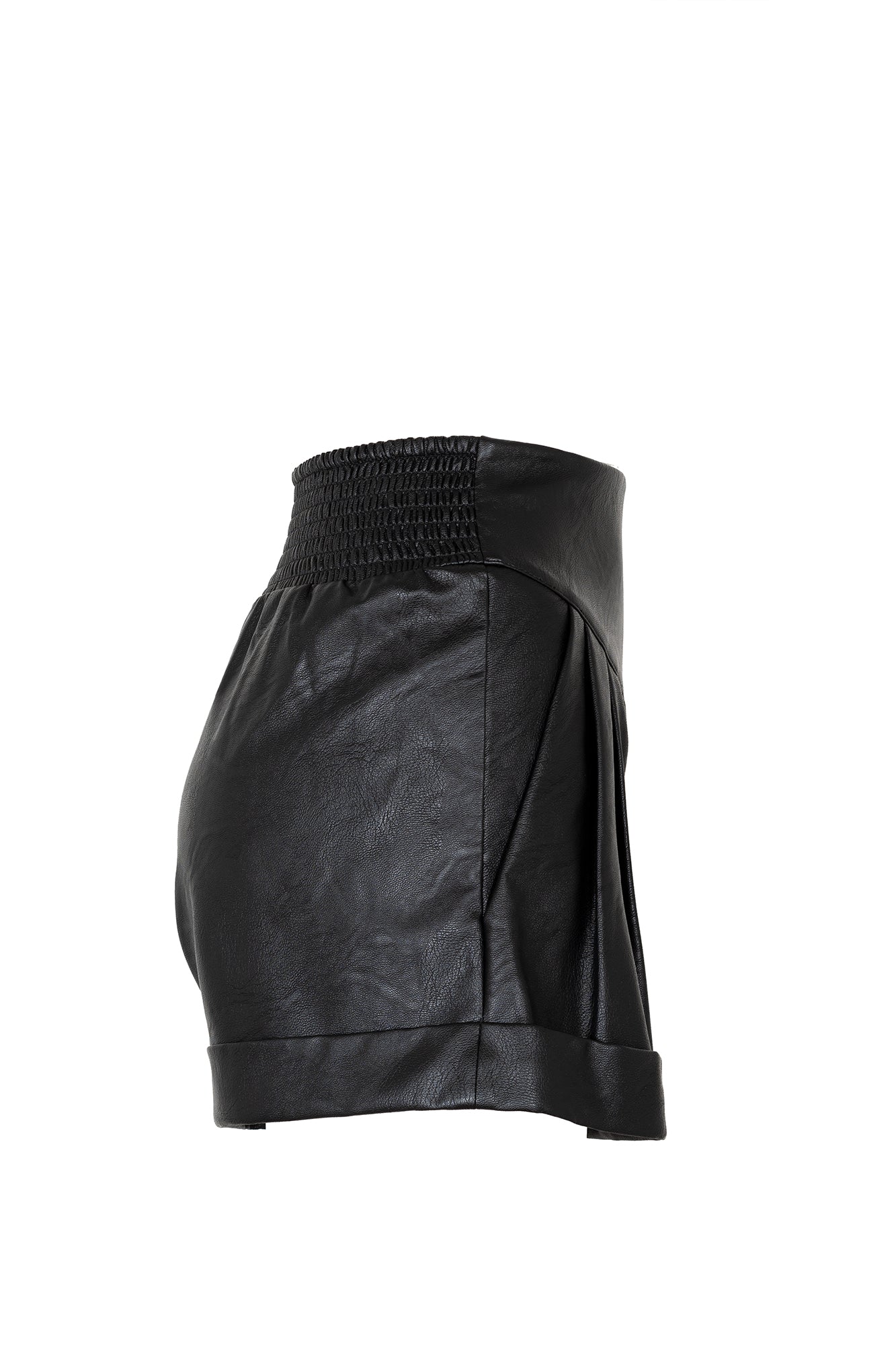 Black faux leather shorts with darts