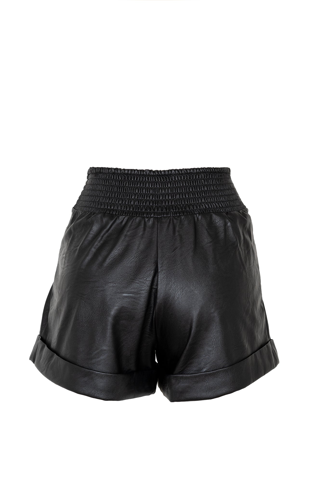 Black faux leather shorts with darts