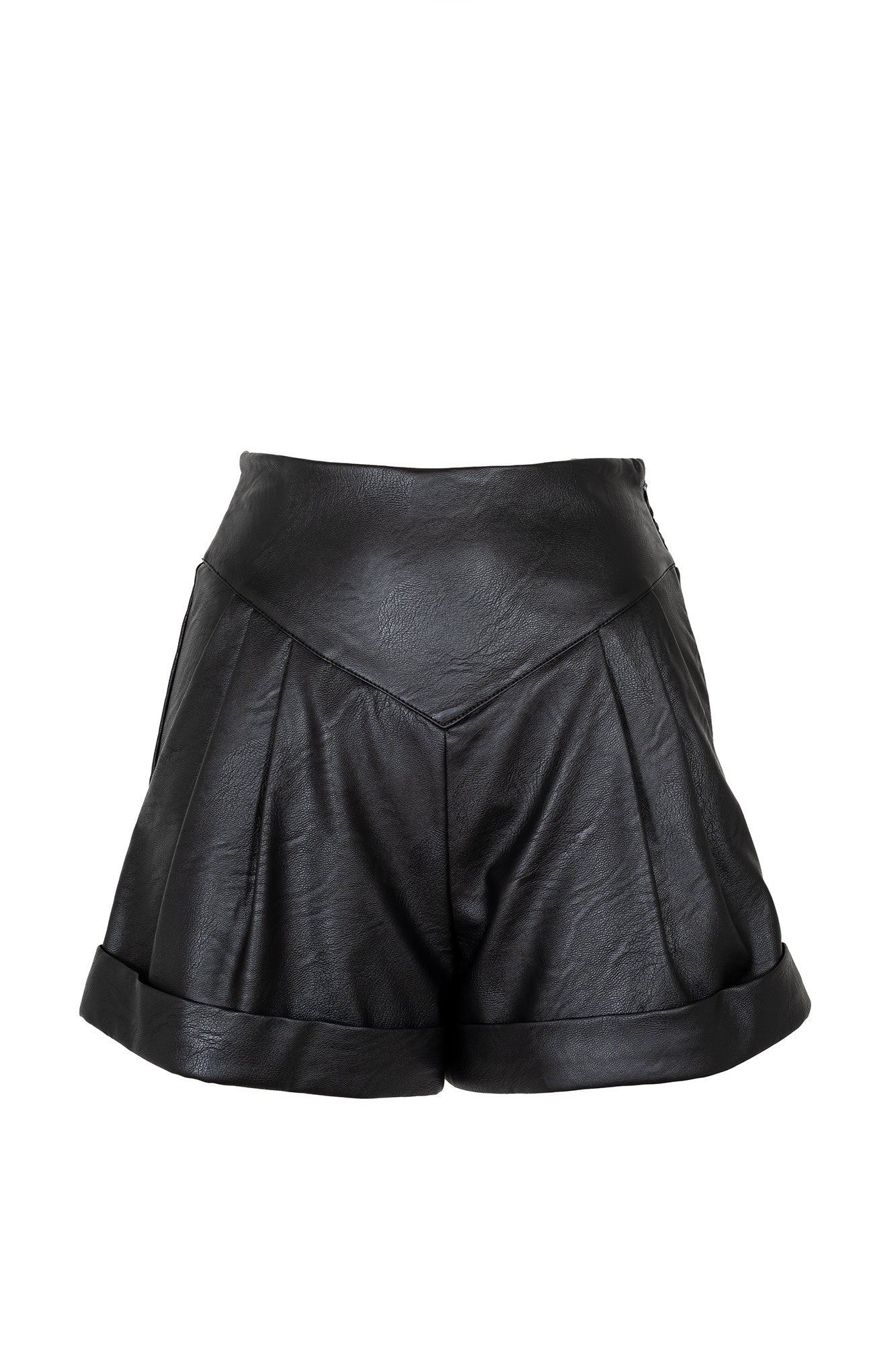 Black faux leather shorts with darts