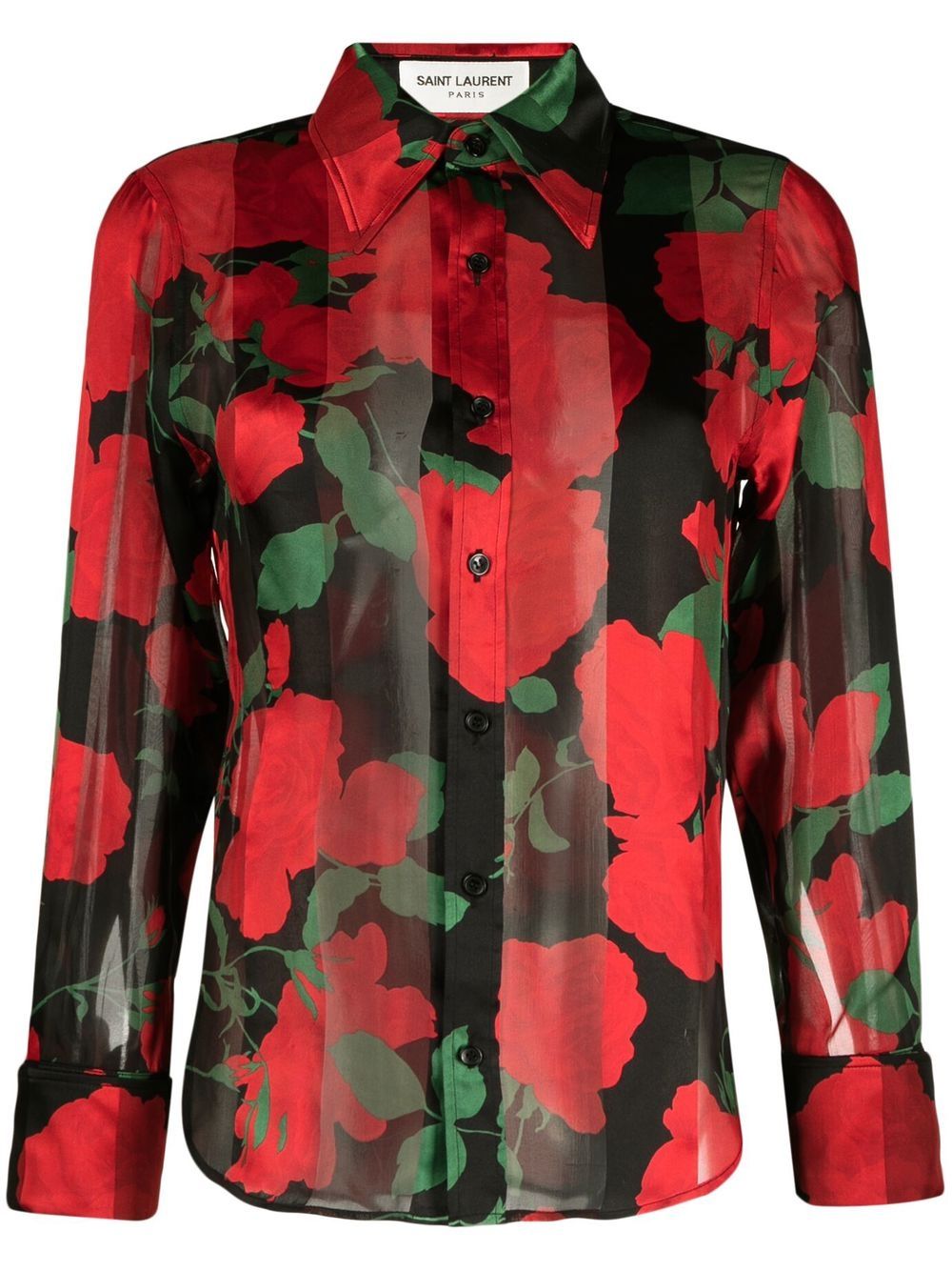 Blusa semitrasparente con stampa floreale nera/rosso brillante/verde scuro