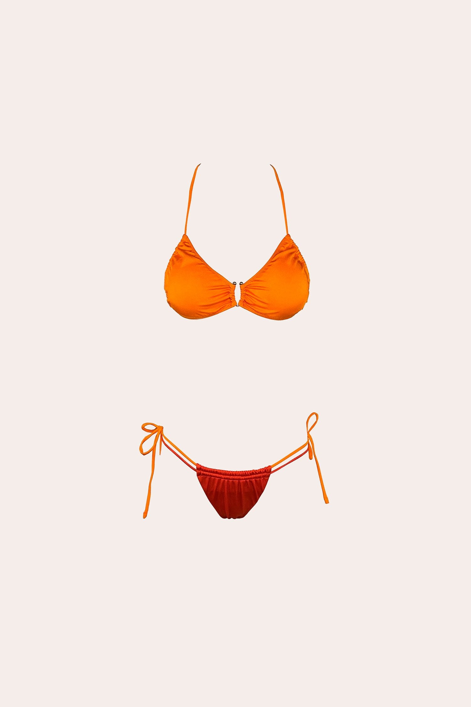 Orange bikini with metallic detail and adjustable ties