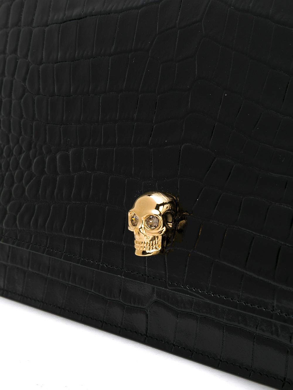 Black calf leather skull motif crocodile effect shoulder bag