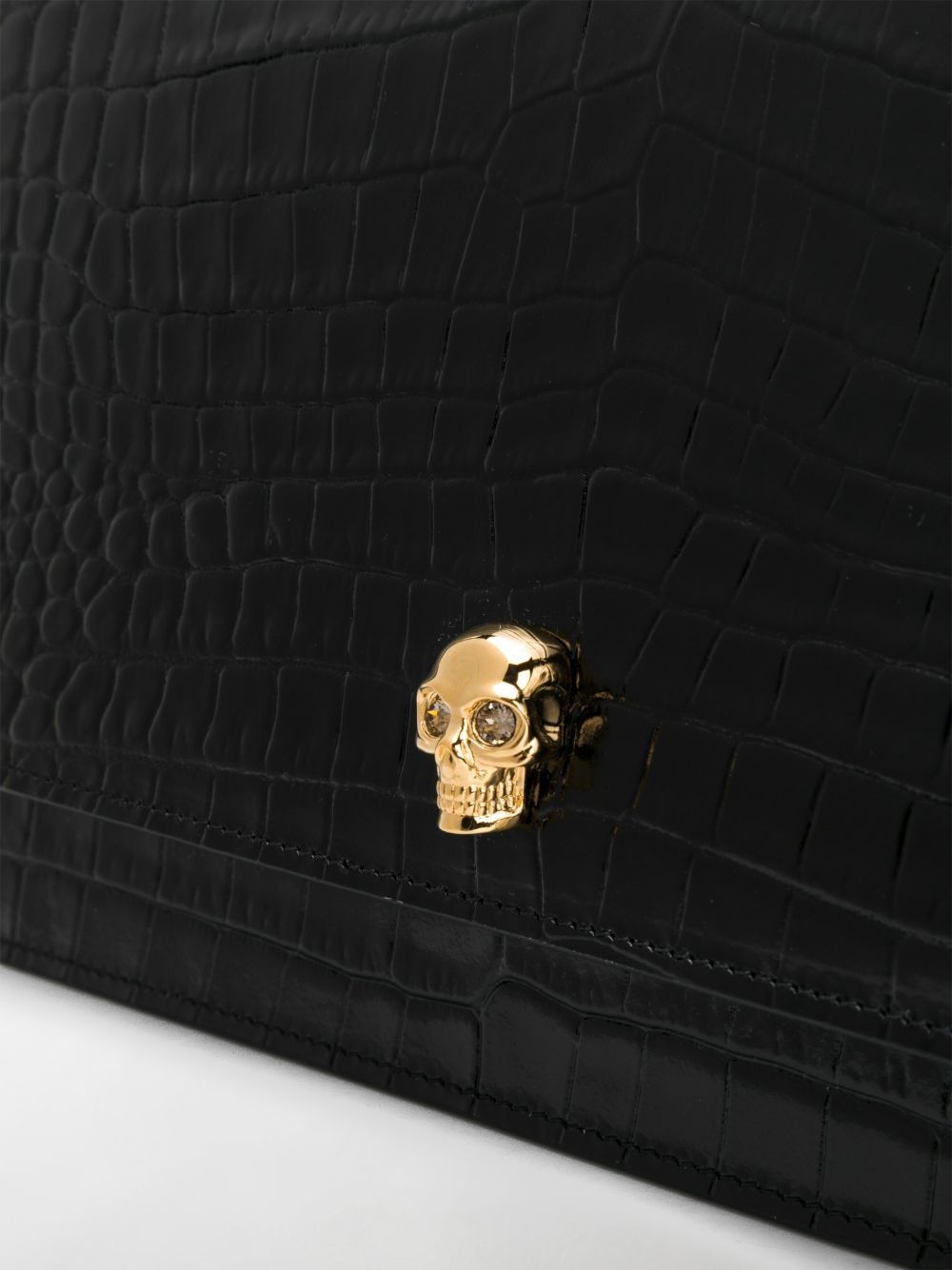 Black calf leather skull motif crocodile effect shoulder bag