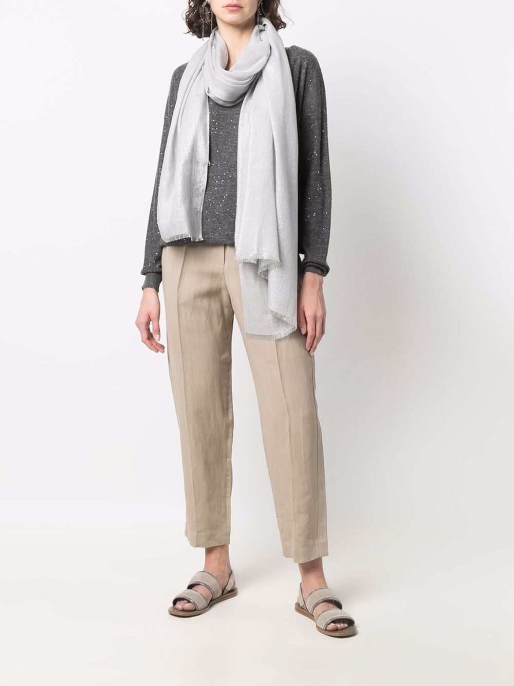 Grey silk/cashmere fringed-edge scarf