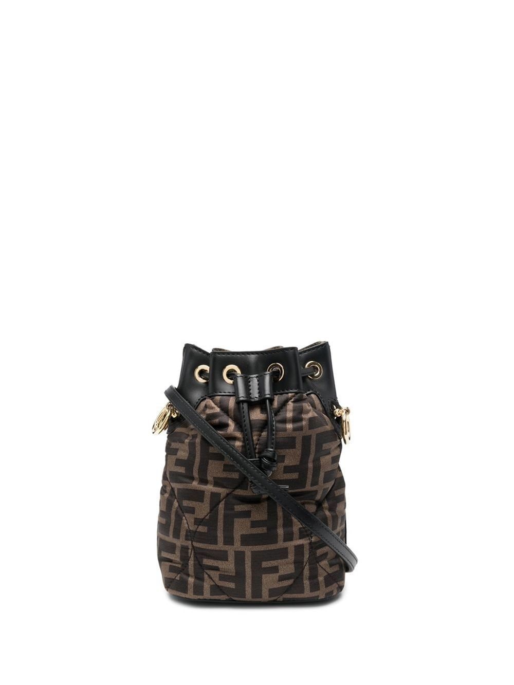 black/brown FF-print drawstring mini bucket bag