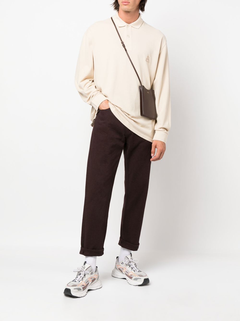 beige embroidered long-sleeve polo shirt