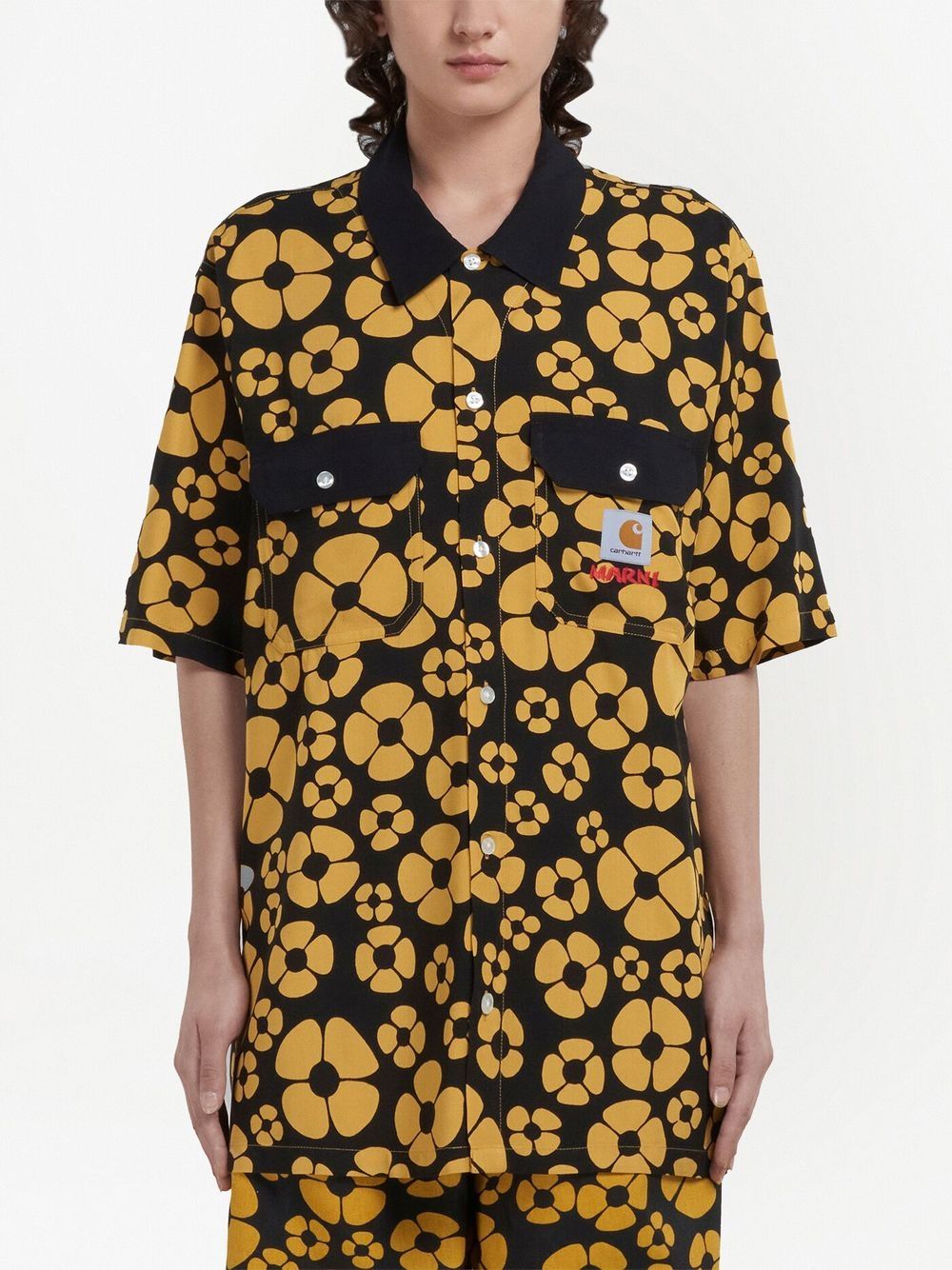 Black/yellow floral-print shirt