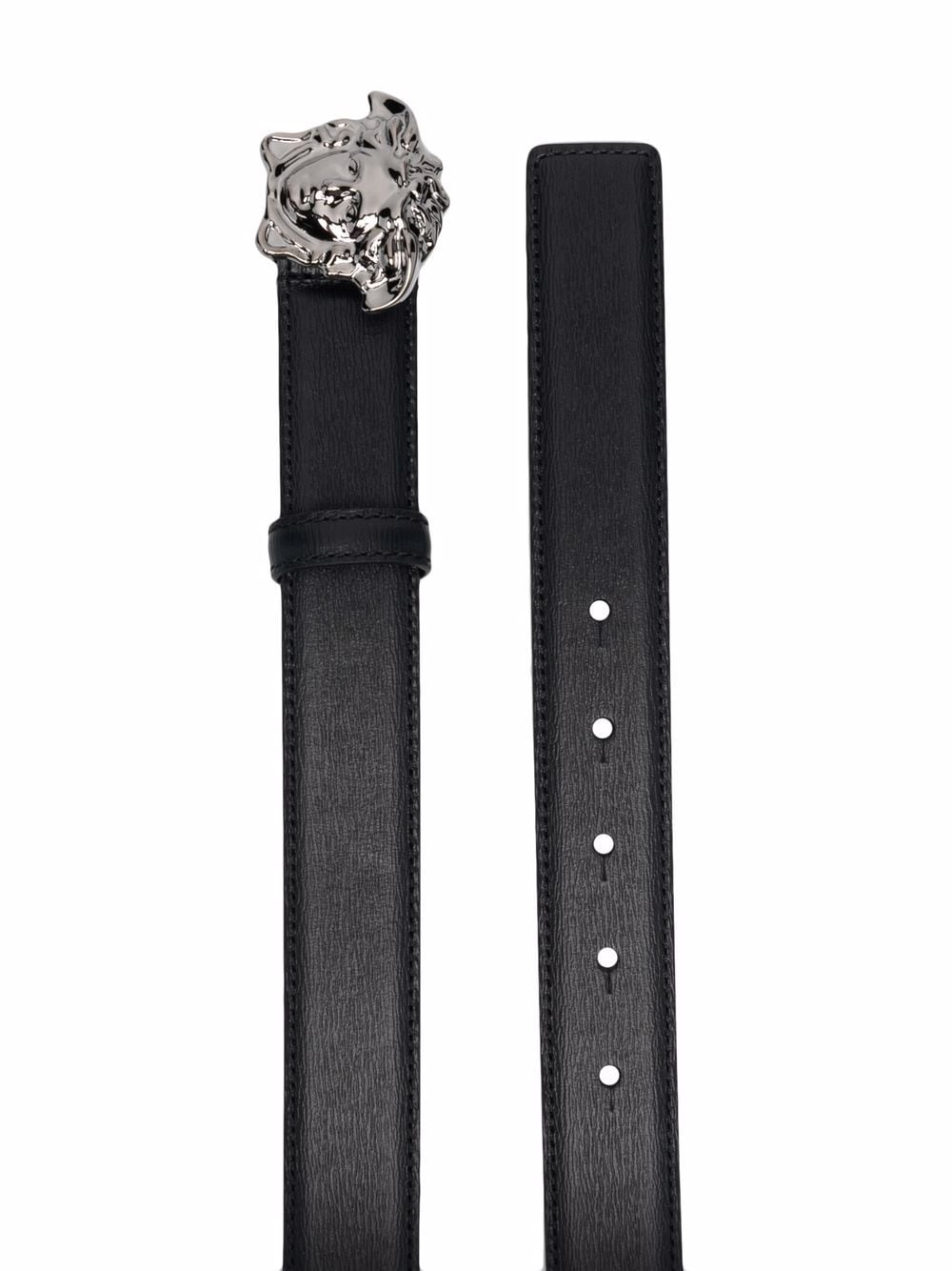 Black leather Medusa-plaque buckle belt