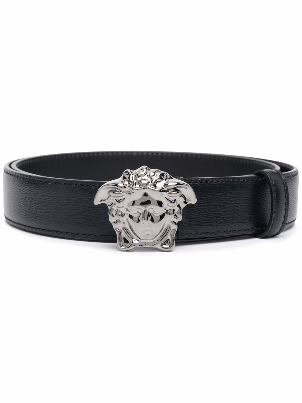 Black leather Medusa-plaque buckle belt