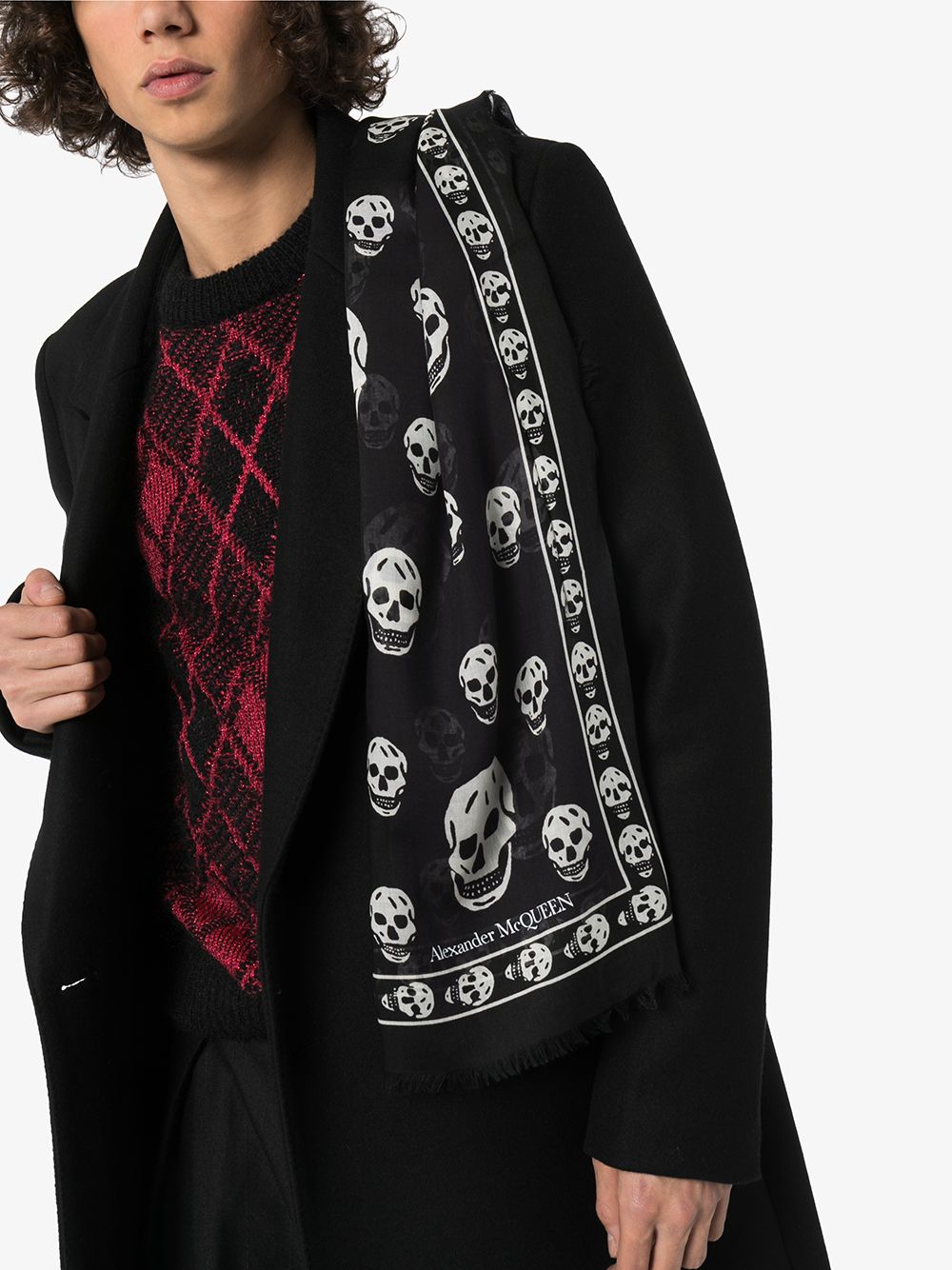 Black silk blend skull print scarf