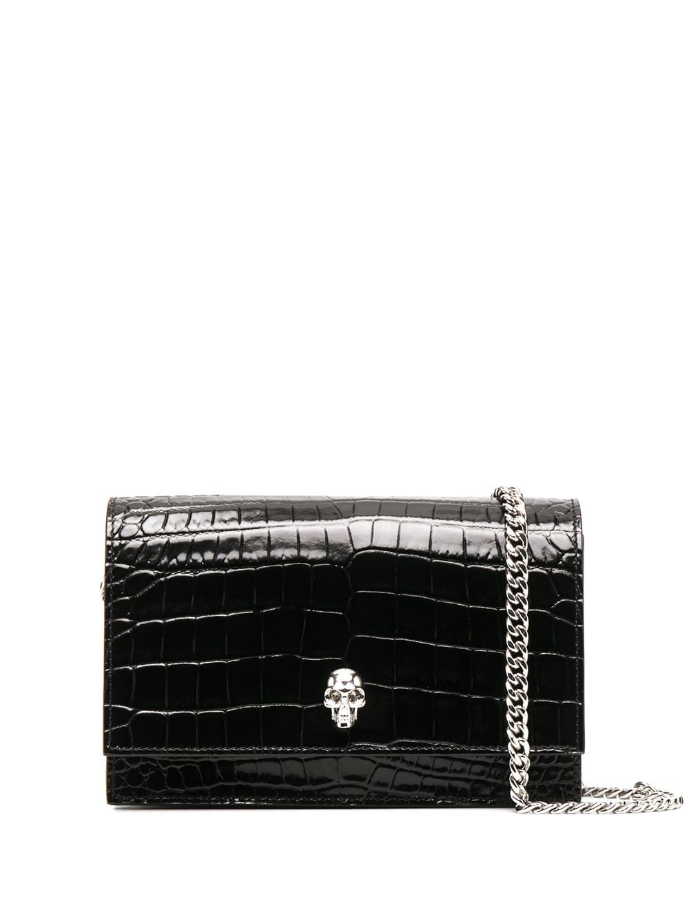Black leather skull-embellished clutch bag