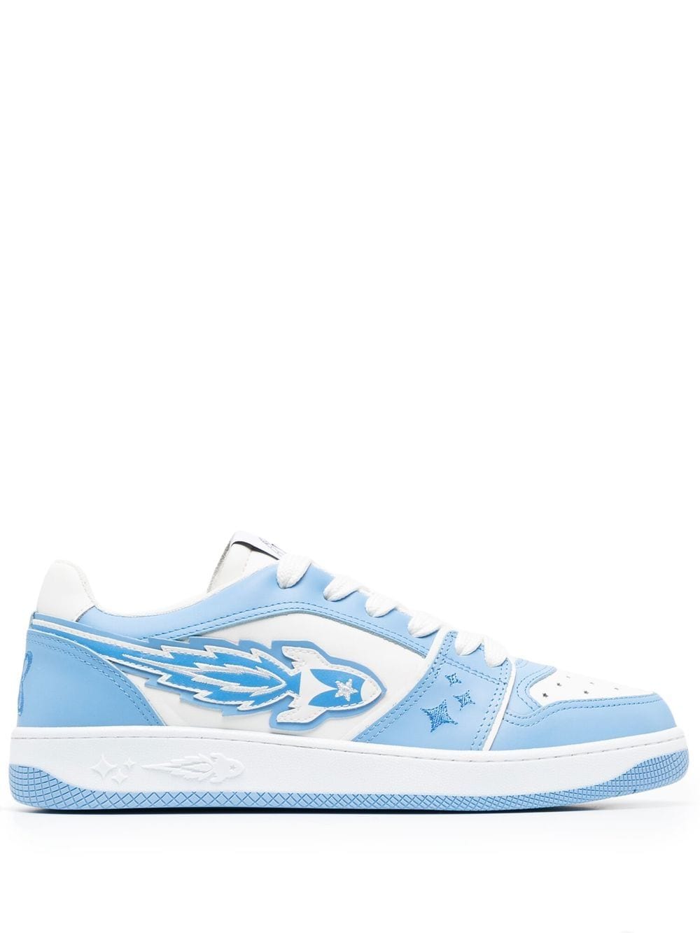 White/light blue logo-detail leather sneakers