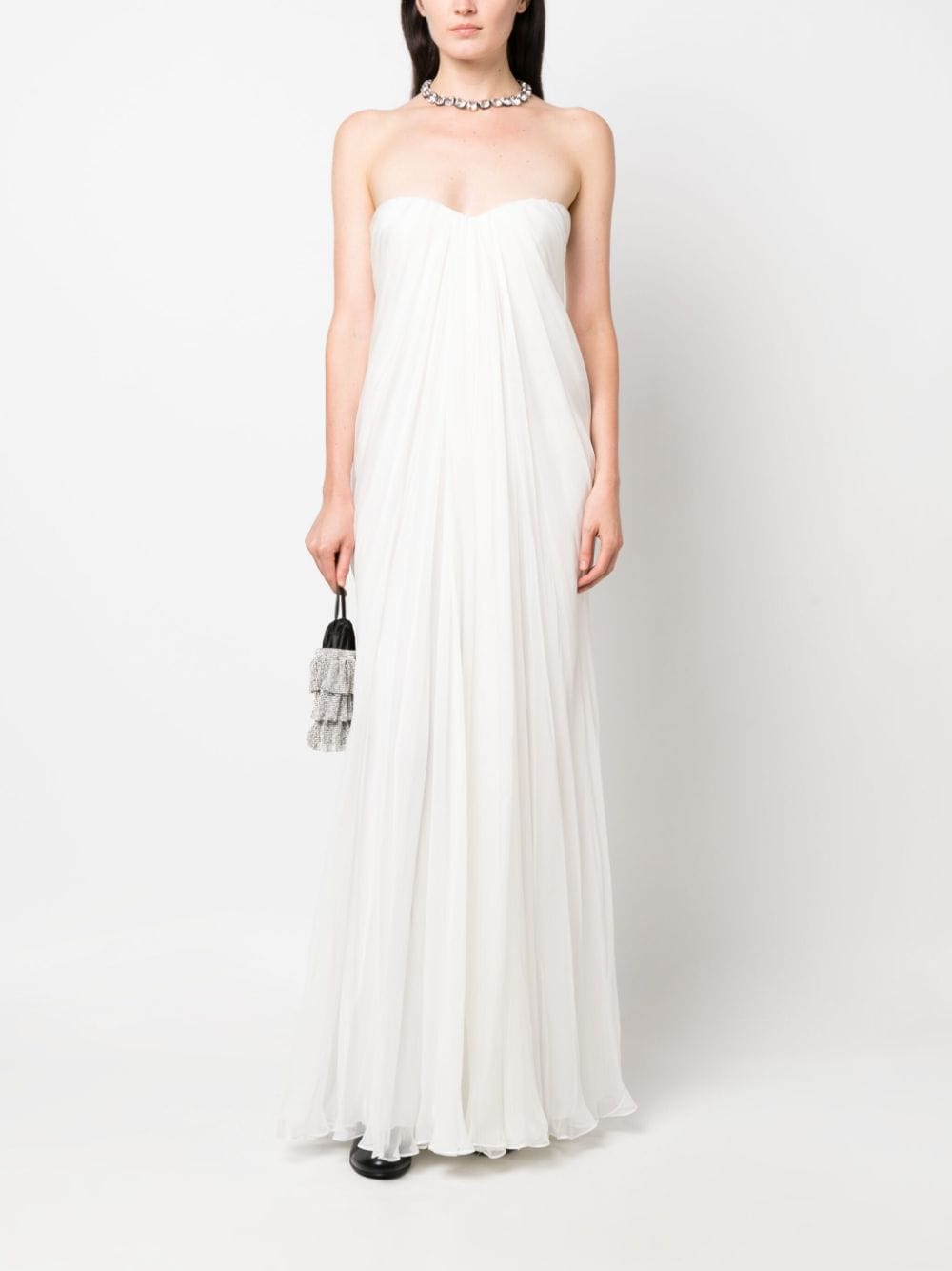 White gathered silk-chiffon bustier gown