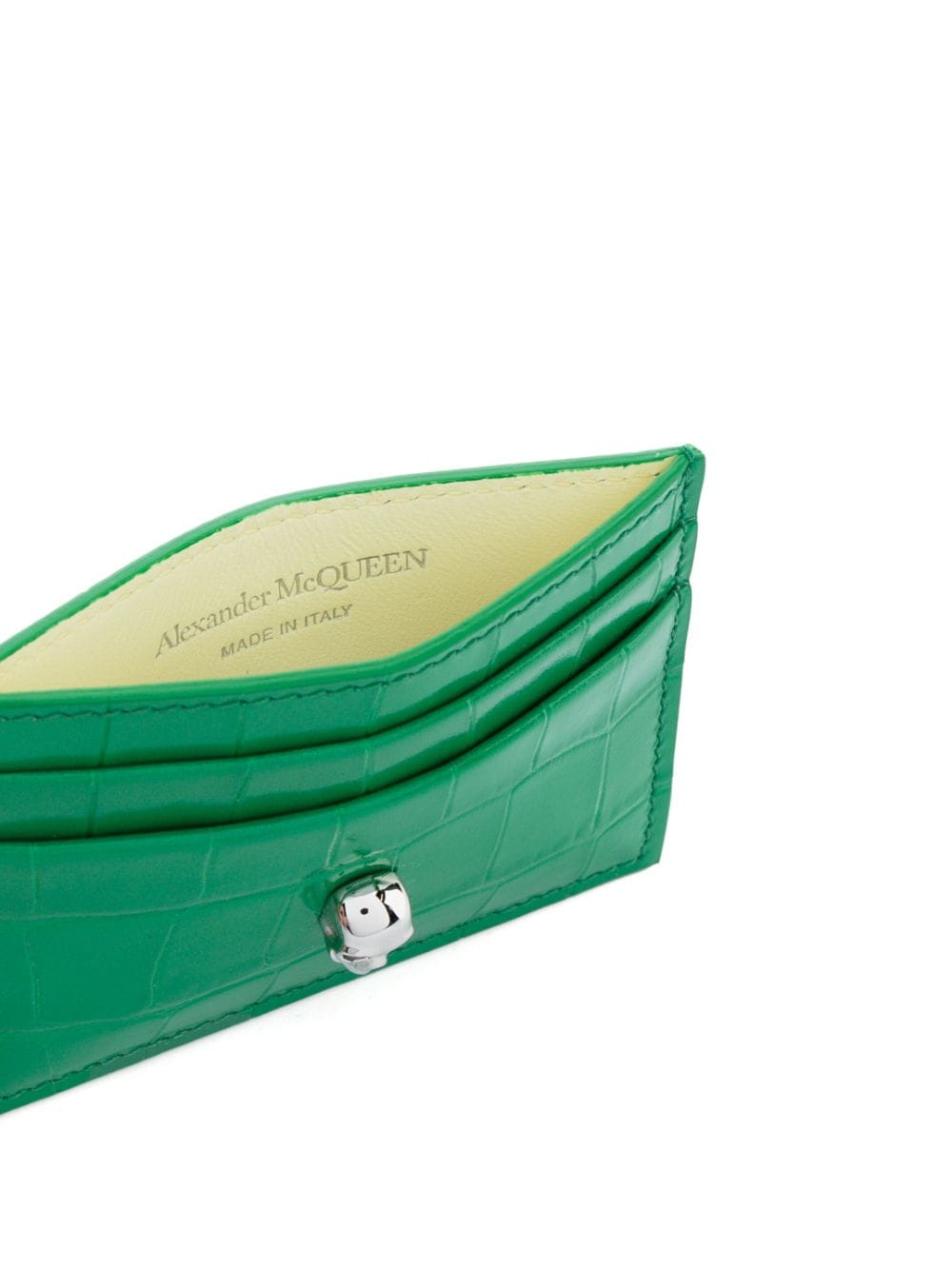 Portacarte verde con stampa logo e placca teschio