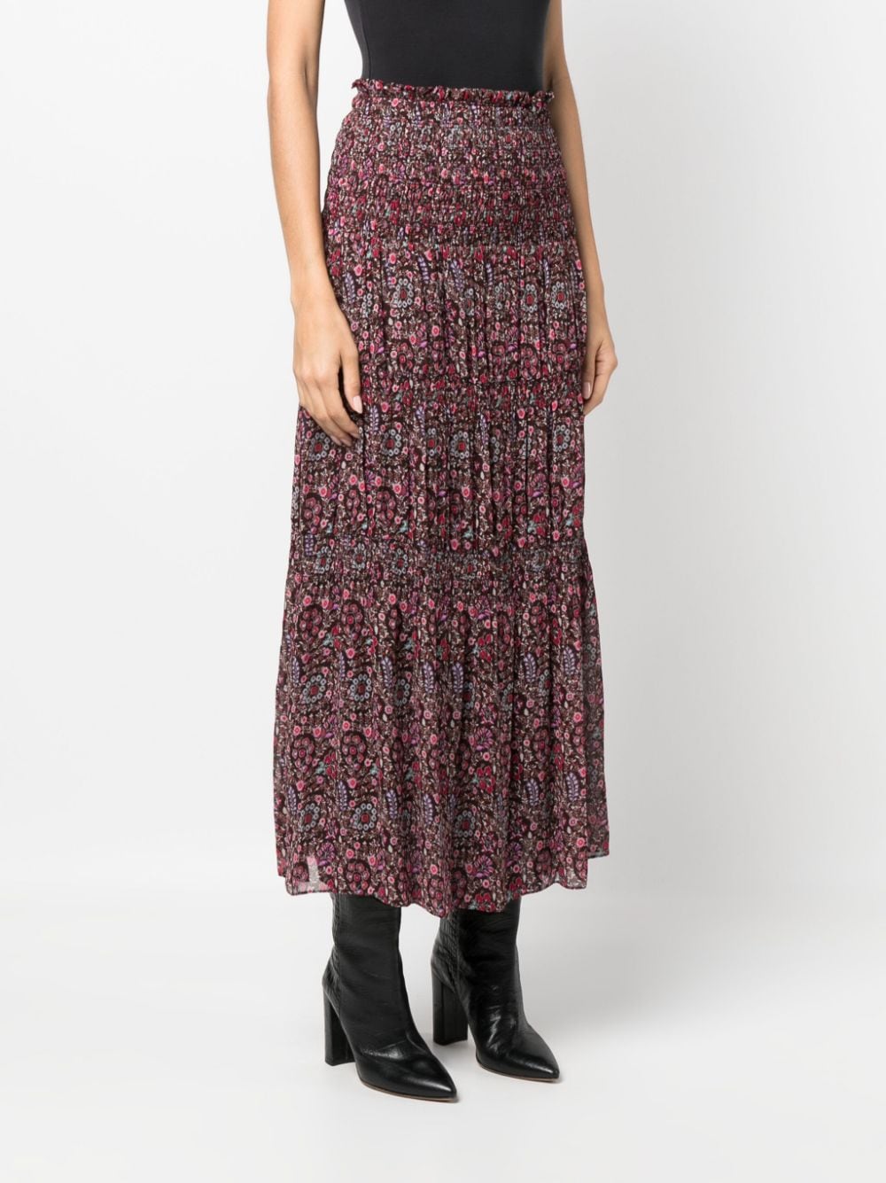 Graphic-print shirred midi skirt