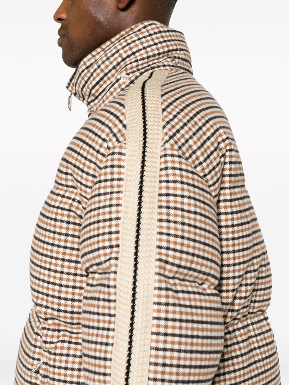 Check-pattern hooded puffer jacket